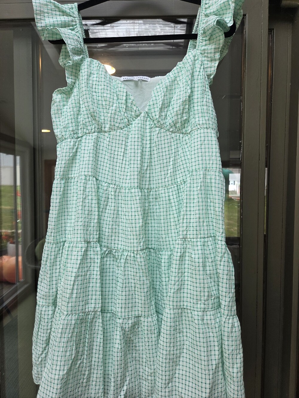 English factory green and white checkered tiered mini dress Medium Babydoll